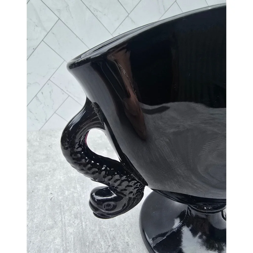 Vintage Black Amethyst Glass Trophy Vase Koi Fish Dolphin Handles Art Deco